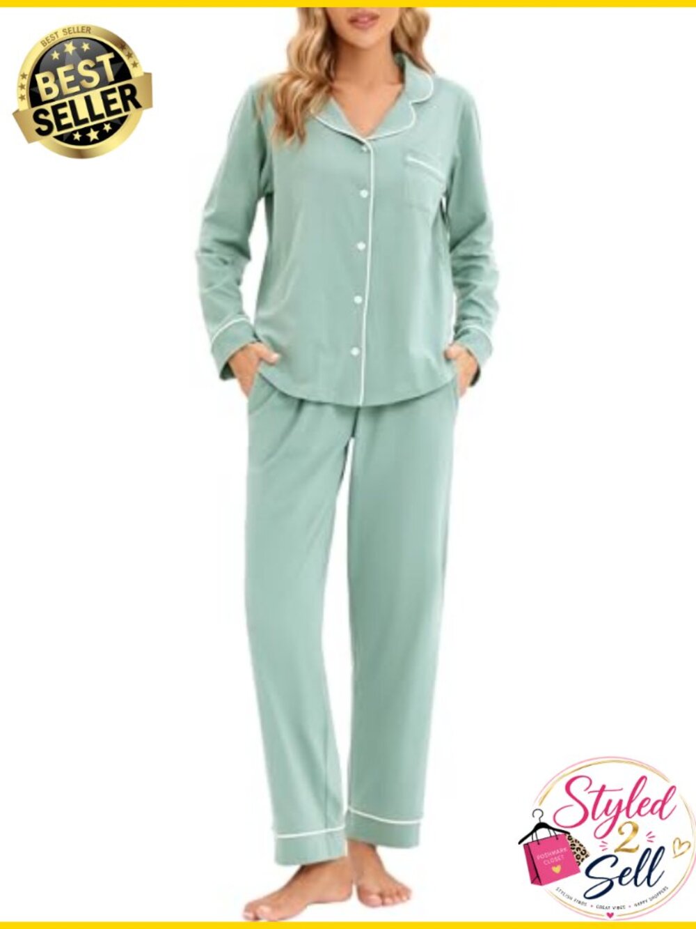 100% Cotton Pajama Set 2 Piece Sleepwear Long Sleeve Button